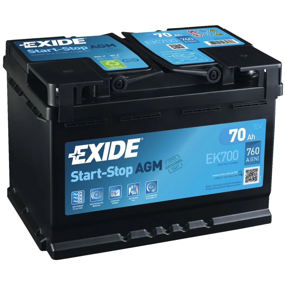 Μπαταρία Αυτοκινήτου 70Ah 760A EXIDE EK700 AGM Start & Stop